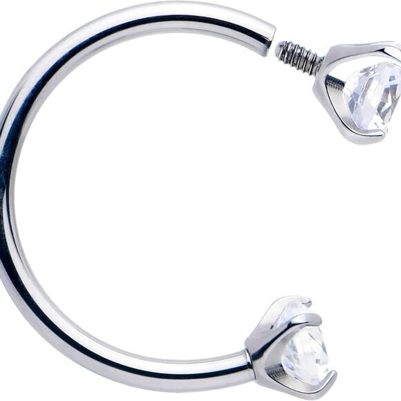 Double Gem Titanium Horseshoe Nose Ring - Internally Threaded Solid Titanium CZ - Picture 7 of 9